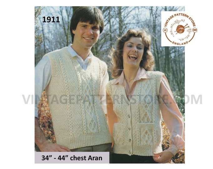 Ladies Womens Mens 70s vintage V neck cable aran tank top sweater vest and waistcoat pdf knitting pattern 34" to 44" PDF download 1911