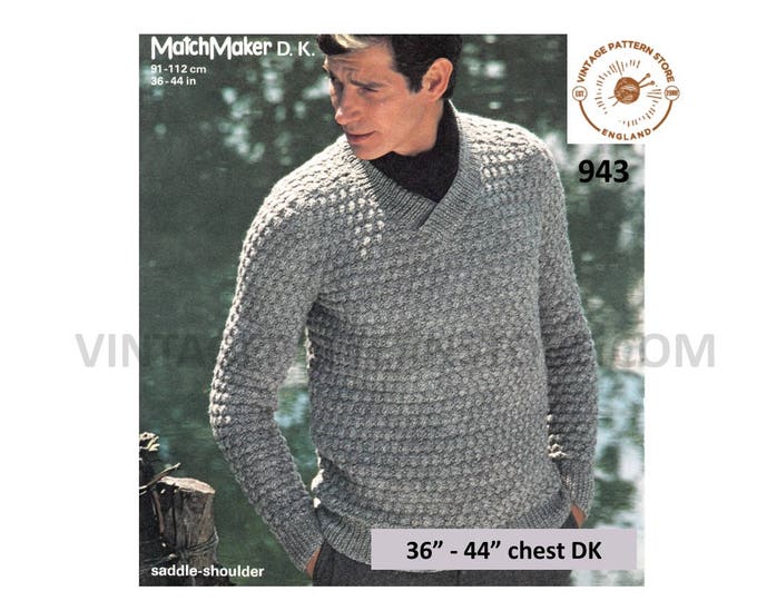Mens Mans 80s vintage crossover V neck saddle shoulder textured raglan DK sweater jumper pdf knitting pattern 36" to 44" chest Download 943