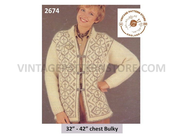 Ladies Womens 80s vintage V neck fair isle DK raglan jacket cardigan pdf knitting pattern 32" to 42" chest Instant PDF download 2674