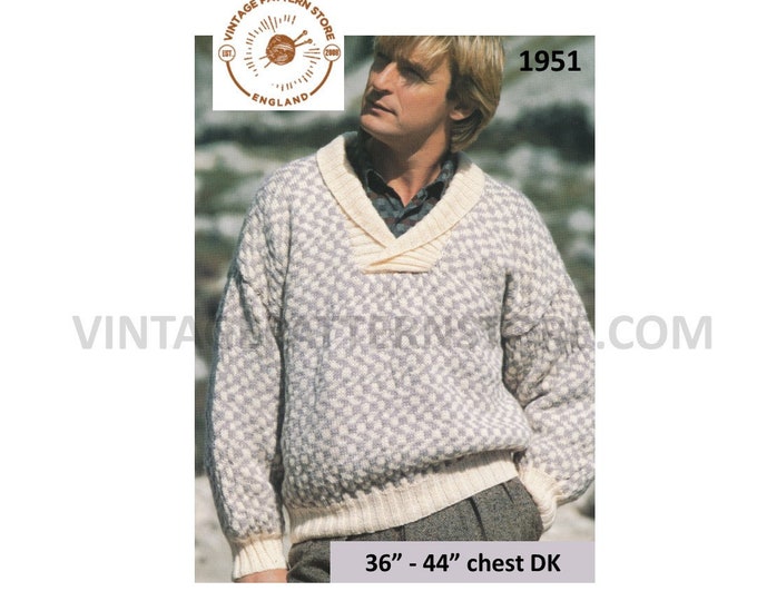 Mens Mans 90s DK shawl collar V neck drop shoulder dolman sweater jumper pdf knitting pattern 36" to 44" chest Instant PDF download 1951