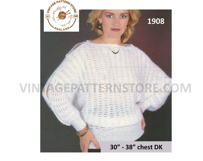 Ladies Womens 80s vintage DK slash neck split sleeve batwing sweater jumper pdf knitting pattern 30" to 38" chest Instant PDF download 1908