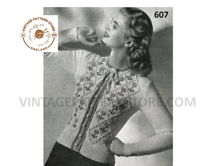 Womens Ladies 40s vintage cable cabled 3 ply round neck embroidered raglan cardigan pdf knitting pattern 34" to 35" chest PDF download 607
