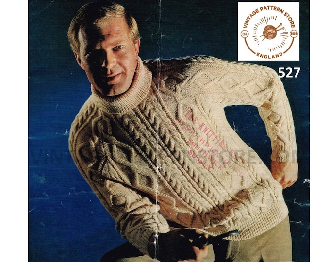 Mens Mans 80s vintage turtleneck polo neck cable cabled raglan aran sweater jumper pdf knitting pattern 38" to 42" chest PDF download 527