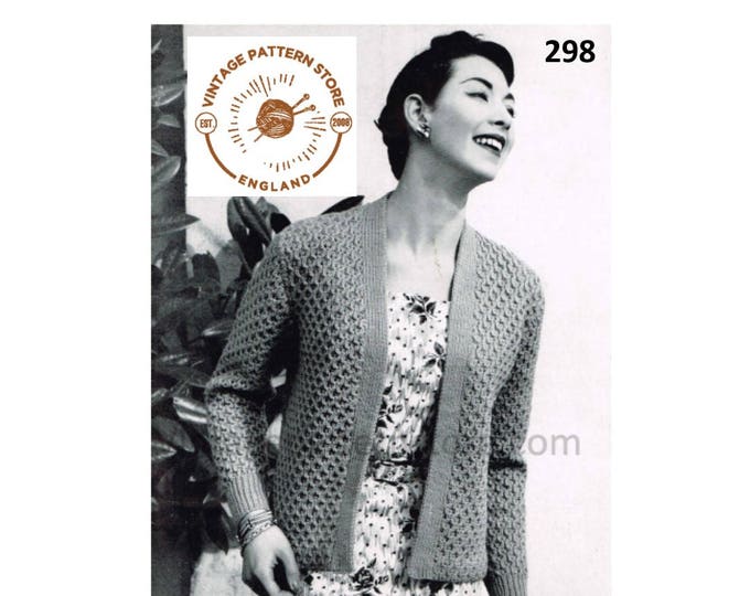 Womens Ladies 50s vintage V neck cable cabled open front raglan cardigan pdf knitting pattern 38" to 44" chest Instant PDF Download 298