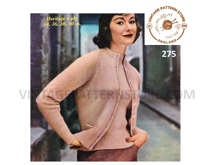 Ladies Womens 50s vintage easy to knit 4 ply round neck raglan cardigan & sweater twin set pdf knitting pattern 34" to 40" PDF Download 275