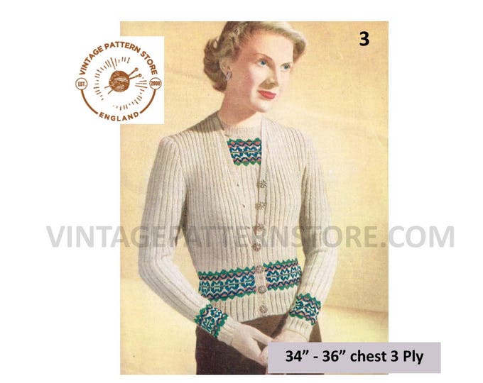 Ladies Womens 30s vintage 3 ply rib ribbed fair isle banded cardigan & sweater jumper twin set pdf knitting pattern 34" to 36" Download 3
