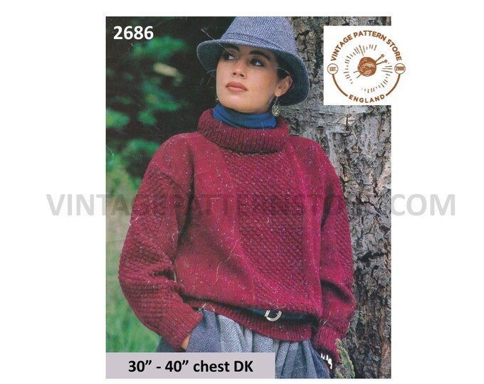 Ladies Womens 80s vintage drop shoulder texture panel DK polo neck dolman sweater jumper pdf knitting pattern 30" to 40" chest download 2686