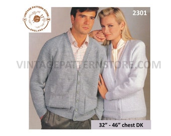 Ladies Womens Mens Mans 90s easy to knit oversized plus size extra large V neck DK cardigan pdf knitting pattern 32" to 46" Download 2301