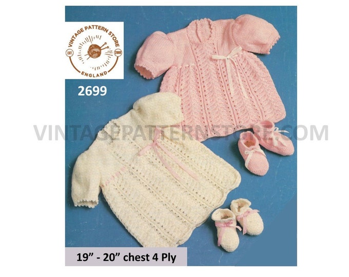 Baby Babies 80s vintage 4 ply round neck lacy picot dress & booties bootees pdf knitting pattern 19" to 20" chest Instant PDF download 2699