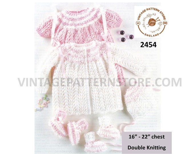 Baby Babies 90s DK yoked lacy matinee coat dress bonnet & booties bootees pdf knitting pattern 16" to 22" chest Instant PDF download 2454