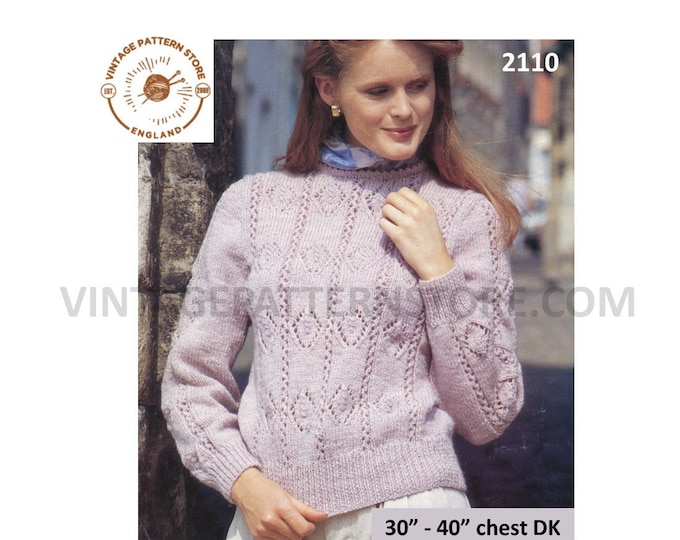 Ladies Womens 90s DK round neck lacy diamond eyelet lace striped raglan sweater jumper pdf knitting pattern 30" to 40" chest Download 2110