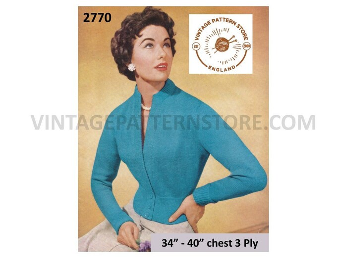 Ladies Womens 50s vintage simple and easy to knit 3 ply V neck button welt raglan cardigan pdf knitting pattern 34" to 40" Download 2770
