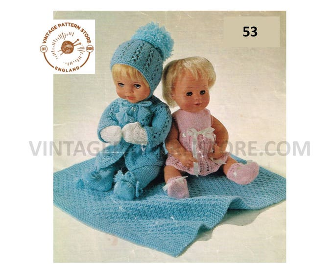 80s vintage 12" 14" 16" 4 ply Baby Dolls clothes pram set with dress booties coat pull ups cap mittens pdf knitting pattern PDF download 53