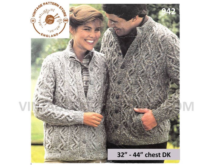 Ladies Womens Mens Mans 90s vintage DK crew neck cable cabled raglan cardigan pdf knitting Pattern 32" to 44" chest Instant PDF Download 942