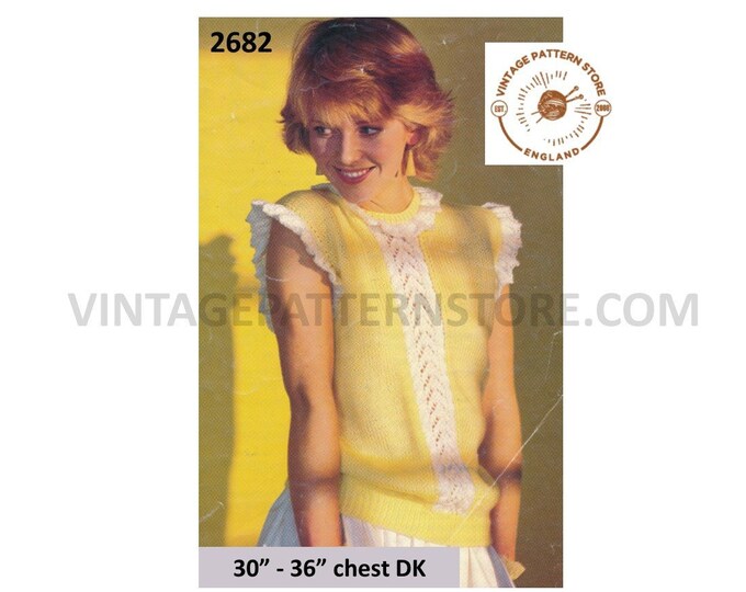 Ladies 80s slipover knitting pattern, Ladies cap sleeve lacy sweater vest patterns, Ladies DK patterns - 30" - 36" chest - PDF download 2682
