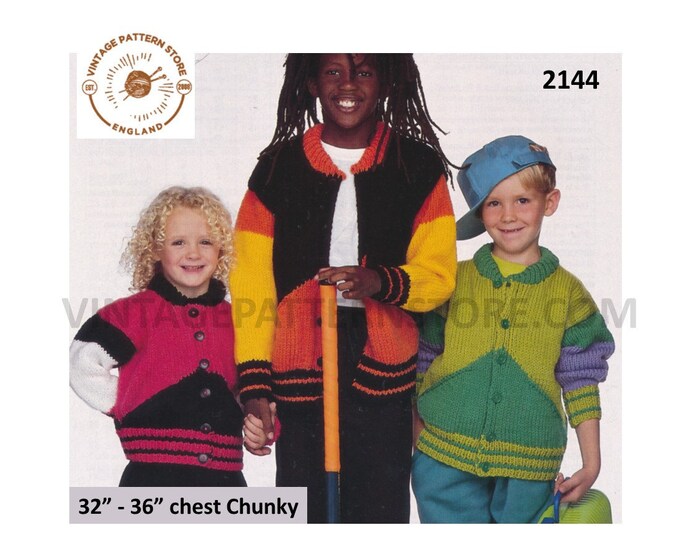 Boys Girls 90s chunky knit round neck geometric colour blocked drop shoulder dolman cardigan pdf knitting pattern 24" to 36" Download 2144
