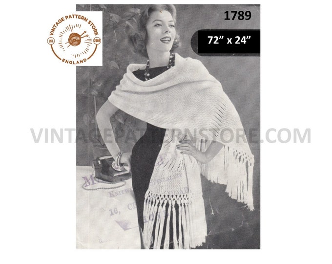 Ladies Womens 50s vintage extra large DK fringed stole shawl wrap pdf knitting pattern 72" long by 24" wide Instant PDF download 1789