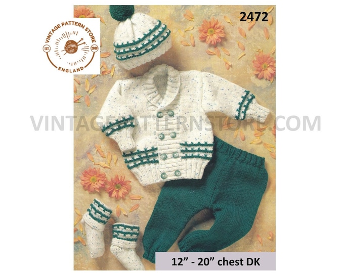 Premature Preemie Baby Babies DK shawl collar double breasted jacket trousers hat booties pdf knitting pattern 12" to 20" PDF Download 2472