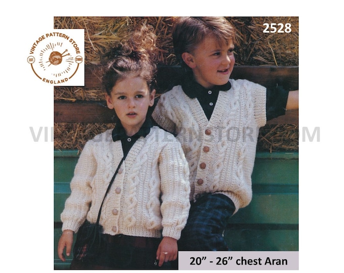 Boys Girls 90s V neck cable cabled aran raglan cardigan and cap sleeve waistcoat pdf knitting pattern 20" to 26" chest PDF download 2528