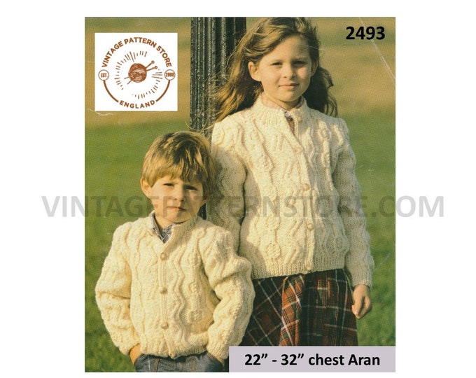 Girls Boys 90s crew neck wavy and leaf cable cabled raglan aran cardigan jacket pdf knitting pattern 22" to 32" chest PDF download 2493