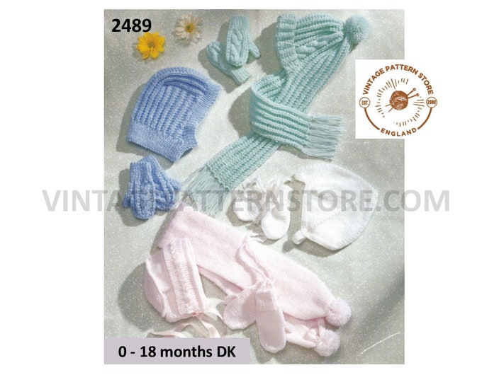 Newborn Baby Babies 90s fun quick and easy to knit DK hat bonnet cap & scarf pdf knitting pattern 0 to 18 mths Instant PDF download 2489