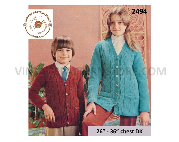 Girls Boys 80s vintage V neck long and short cable cabled DK raglan cardigan pdf knitting pattern 26" to 36" chest Instant PDF download 2494
