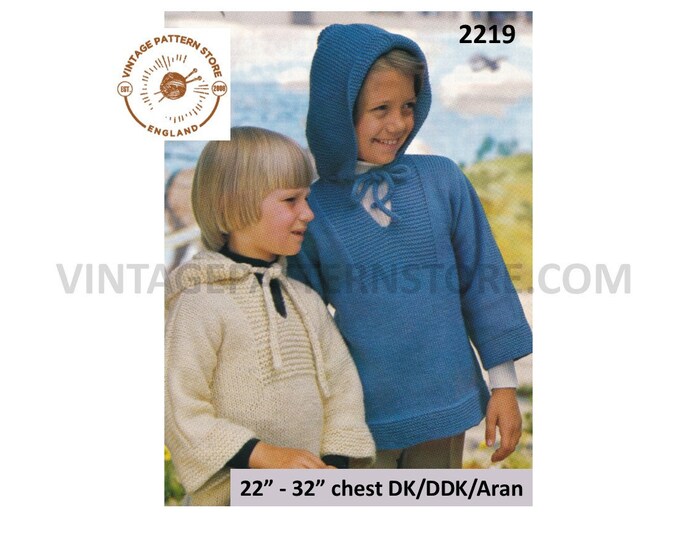 Girls Boys 70s vintage DK aran or DDK 3/4 sleeve textured yoke raglan hoodie sweater jumper pdf knitting pattern 22" to 32" Download 2219