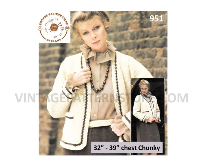 Ladies Womens 80s vintage chunky knit open front 2 colour raglan cardigan skirt and belt pdf knitting pattern 32" to 39" chest Download 951