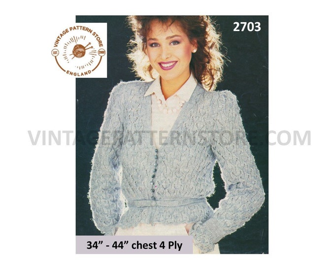 Ladies Womens 80s vintage 4 ply V neck lacy lace belted raglan cardigan jacket pdf knitting pattern 34" to 44" chest instant download 2703