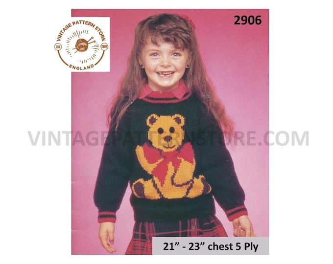 Girls Toddlers 90s 5 ply intarsia round neck Christmas teddy bear drop shoulder sweater jumper pdf knitting pattern 21" to 23" Download 2906