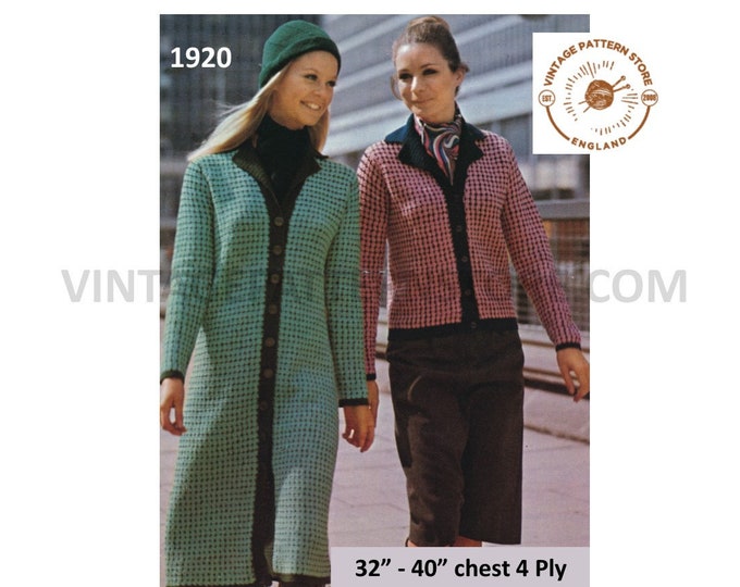 Ladies Womens 70s vintage 4 ply V neck long line check raglan jacket coat & hat pdf crochet pattern 32" to 38" chest Instant download 1920
