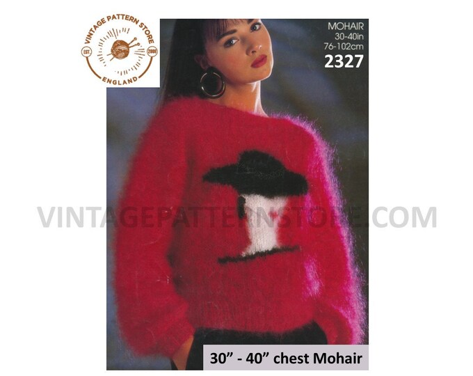 Ladies Womens 90s round neck drop shoulder intarsia head motif mohair dolman sweater jumper pdf knitting pattern 30" to 40" Download 2327