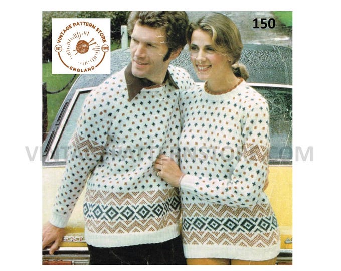 Ladies Womens Mens 80s vintage DK round neck fair isle raglan sweater jumper pdf knitting pattern 34" to 44" Instant PDF Download 150