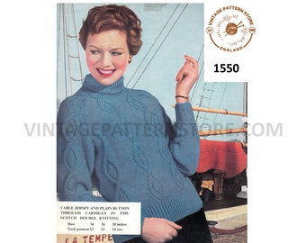 Ladies 1950s, turtle neck, cable, raglan sweater jumper in DK - 34" - 38" chest - Vintage PDF Knitting Pattern 1550