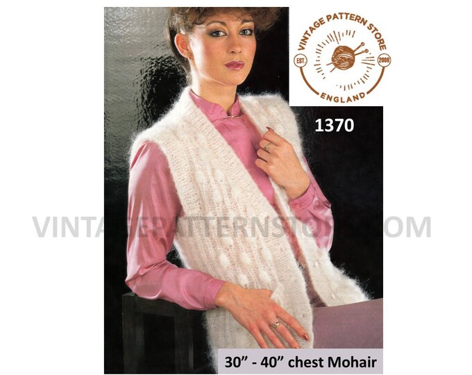 Ladies Womens 80s vintage V neck cable cabled sleeveless mohair cardigan waistcoat pdf knitting pattern 30" to 40" chest PDF Download 1370