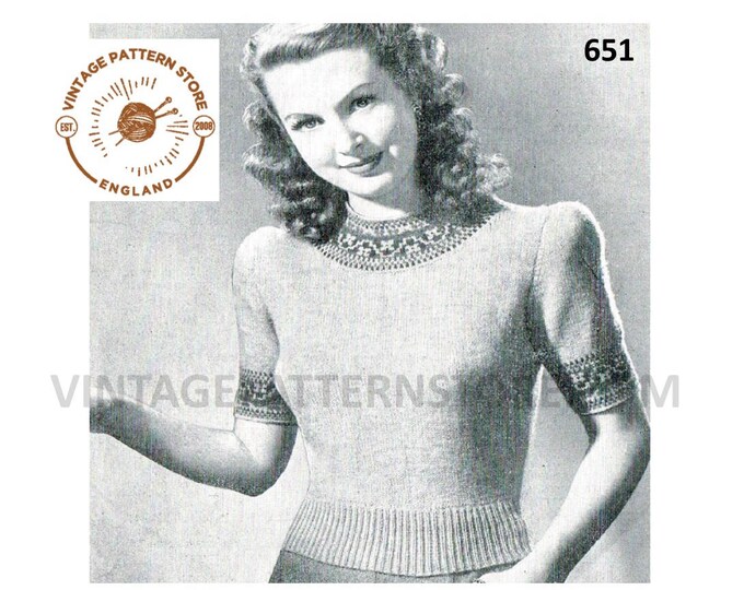 Ladies Womens 40s vintage 3 ply round neck fair isle banded yoke short sleeve sweater jumper pdf knitting pattern 39" chest Download 651
