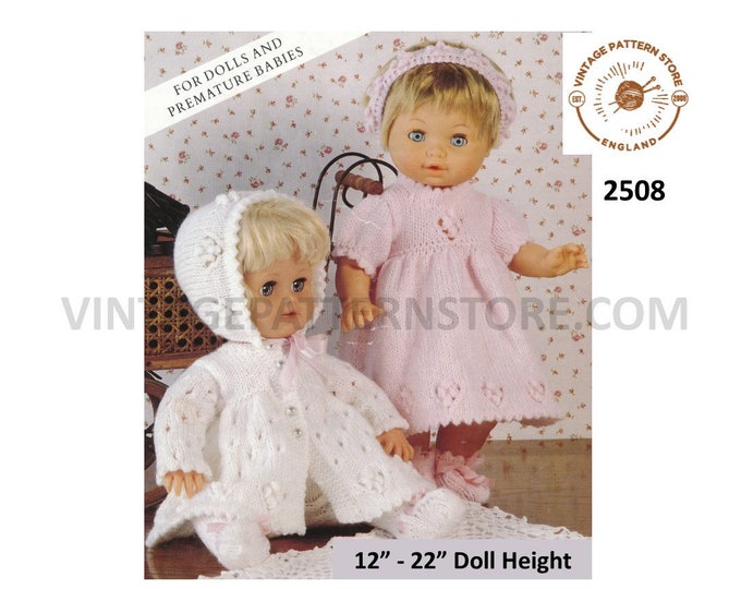 90s 12" 13" 14" 15" 16" 17" 18" 19" 20" DK dolls clothes round neck matinee coat jacket dress and bonnet PDF knitting pattern Download 2508