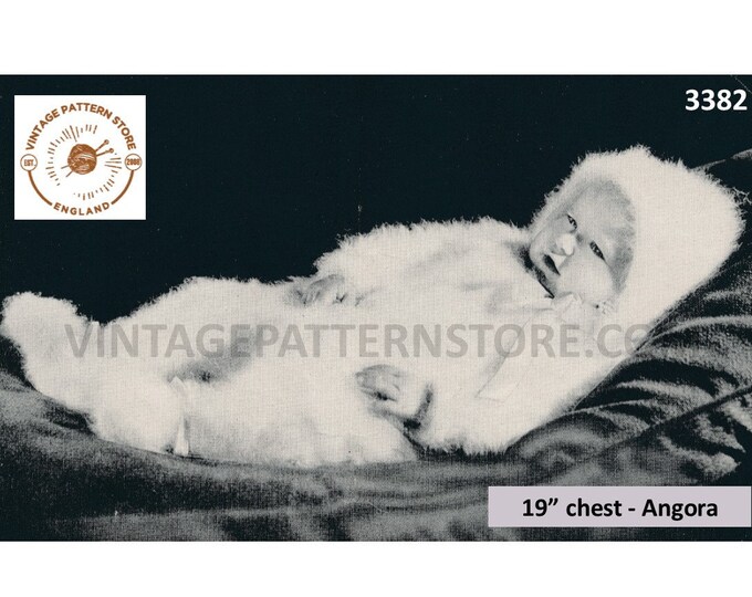 Baby Babies 40s vintage angora pram set matinee coat leggings and bonnet pdf knitting pattern 19" Chest Instant PDF Download 3382