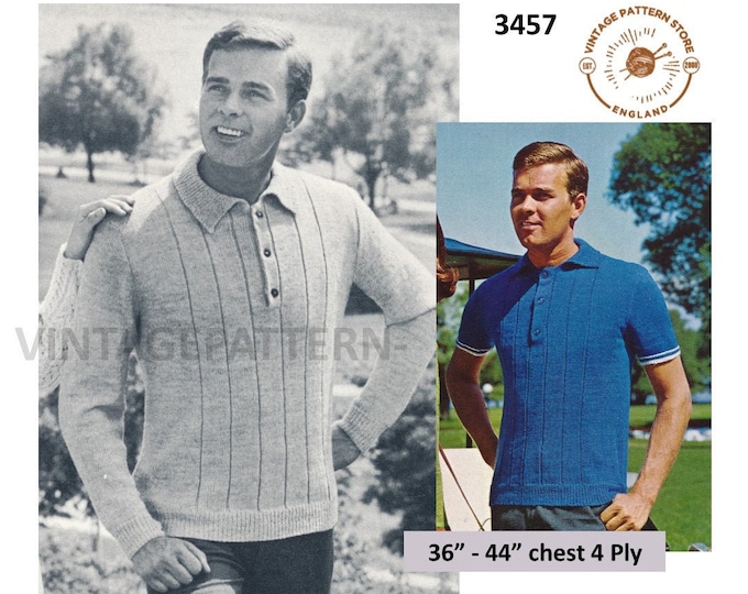 Mens Mans 60s vintage 4 ply shirt neck wide ribbed long & short sleeve raglan sweater jumper pdf knitting pattern 36" to 44" Download 3457