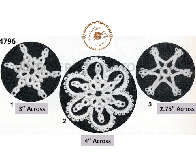 80s vintage tatted lace lacy snowflake Christmas ornament decorations pdf tatting pattern 3 design Instant PDF Download 4796