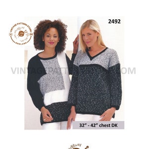 May include: Knitting pattern for a black and white sweater with a V-neck. The pattern is for a size 32-42 inch chest and is labeled 2492. The pattern is from Vintage Pattern Store, England.