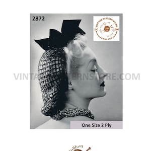 Ladies Womens 30s vintage easy to crochet 2 ply snood hat cap with velvet bow pdf crochet pattern One Size Instant PDF download 2872