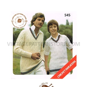 Father & Son Cricket Sweater Knitting Pattern, V-Neck Cable Vest (PDF Download) 26" - 48" chest