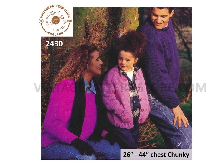 Ladies Womens Mens Boys Girls 90s chunky easy to knit round or V neck sweater and cardigan pdf knitting pattern 26" to 44" Download 2430