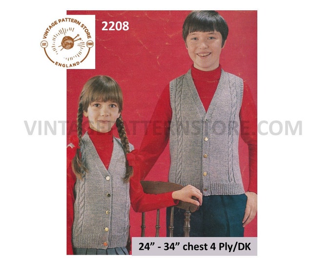 Girls Boys waistcoat knitting pattern, Boys Girls V neck cable panel 4 ply or DK waistcoat pattern - 24" - 34" chest - PDF download 2208
