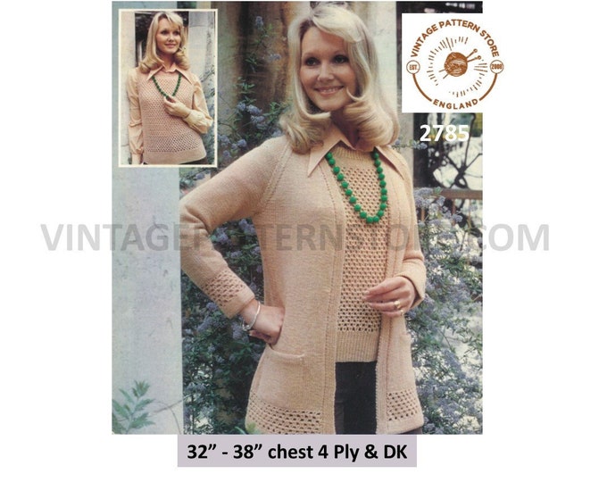 Ladies Womens 70s vintage 4 ply crochet slipover and DK long line raglan cardigan twin set pdf knitting pattern 32" to 38" Download 2785