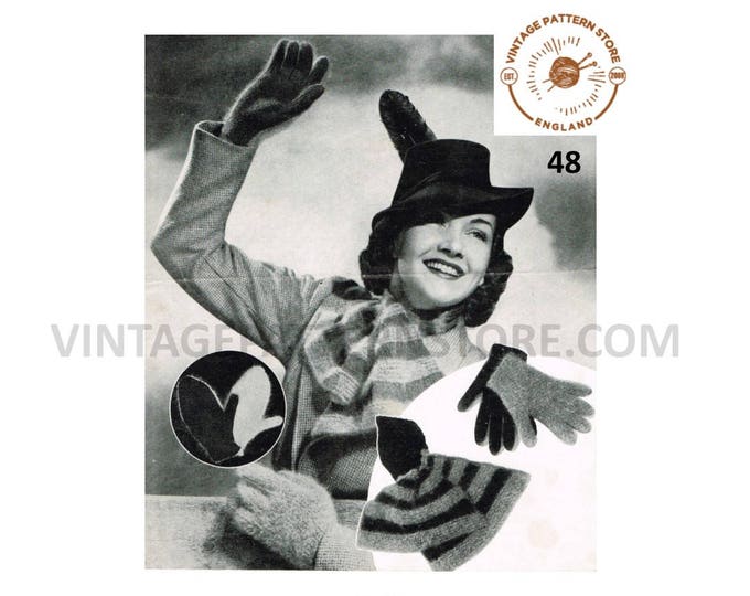 Ladies Womens 40s vintage striped 4 ply and angora cravat scarf and gloves & girls mittens pdf knitting pattern Instant PDF download 48