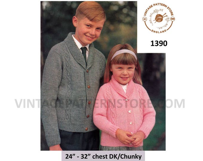Girls Boys 60s vintage DK or chunky knit shawl collar cable cabled raglan cardigan jacket pdf knitting pattern 24" to 32" PDF Download 1390
