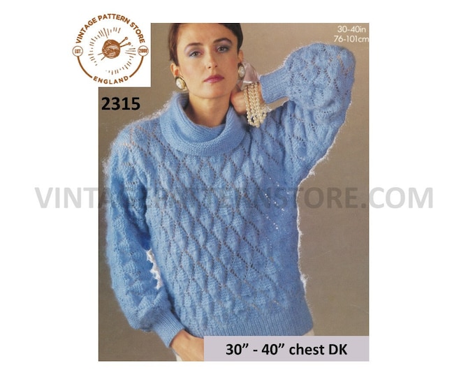 Ladies Womens 90s cowl neck diamond eyelet lace lacy drop shoulder DK dolman sweater jumper pdf knitting pattern 30" to 40" Download 2315