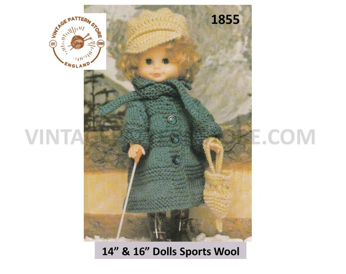 80s vintage 14" 16" 5 ply sports wool dolls clothes coat scarf hat cap and bag pdf knitting pattern Instant PDF download 1855